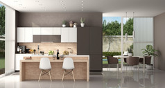 现代厨房现代别墅与岛和餐厅表格与椅子呈现现代厨房现代别墅