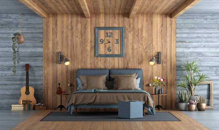 主卧室乡村风格与蓝色的双卧室对木镶板呈现主卧室乡村风格