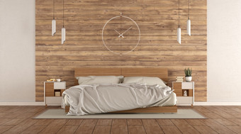 极简主义主卧室与双床上阿加斯特木墙呈现极简主义主卧室与木双床上