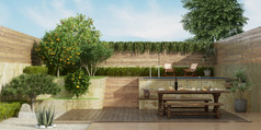 花园两个水平与老听到表格木板凳上和小池backgrround呈现花园两个水平与老餐厅表格甲板地板上