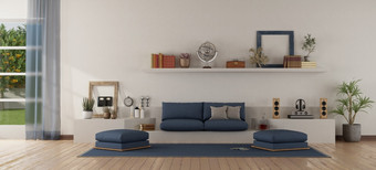 现代白色和蓝色的生活房间与沙发与沙发白色砌筑结构呈现现代白色和蓝色的生活房间