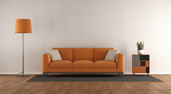 极简主义白色和橙色<strong>生活</strong>房间与沙发地板上灯和小餐具柜呈现极简主义白色和橙色<strong>生活</strong>房间