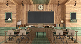 木教室复古的风格与学校桌子上没有学生<strong>呈现</strong>木教室复古的风格