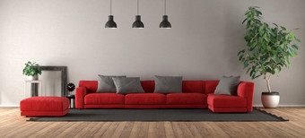 现代生活房间与红色的沙发黑色的地毯呈现现代生活房间与红色的沙发