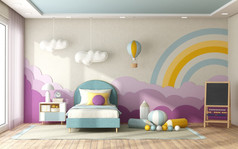 孩子卧室与单床上和装饰背景墙柔和的颜色- - - - - -呈现孩子卧室与装饰背景墙