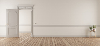 白色生活房间经典风格与开放通过和硬木地板上呈现白色生活房间经典风格与开放通过