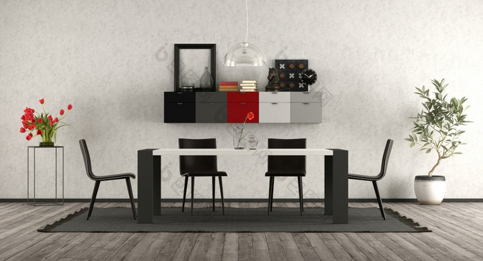 现代餐厅房间与极简主义表格椅子和餐具柜墙呈现现代餐厅房间与黑色的和白色家具