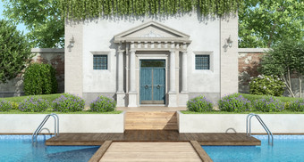 弗伦联盟视图经典别墅与奢侈品花园与大游泳池呈现经典别墅与奢侈品花园与池