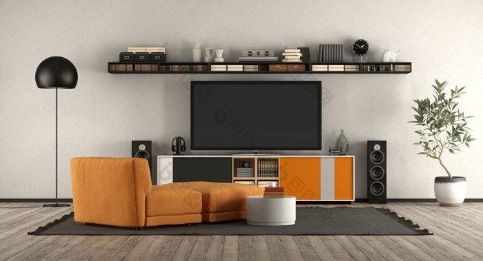 现代生活房间与首页电影设备橙色扶手椅和餐具柜呈现现代生活房间与首页电影设备
