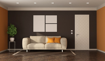 生活房间现代风格织物沙发和关闭通过与装饰面板呈现现代风格生活房间与沙发和关闭通过