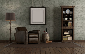 复古的风格生活房间与皮革扶手椅和书柜对老墙呈现复古的风格生活房间与皮革扶手椅和书柜