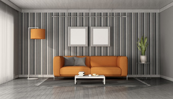 现代橙色沙发前面墙与壁纸呈现橙色沙发现代生活房间