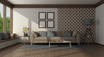 棕色（的）沙发前面墙与瓷砖现代生活房间呈现<strong>现代沙发</strong>沙发前面墙与瓷砖
