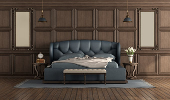 经典奢侈品空房间与蓝色的双床上和木布瓦塞里的墙呈现经典奢侈品卧室与木布瓦塞里的墙