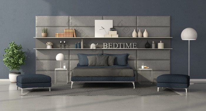 蓝色的和灰色的现代卧室与床上前面皮革面板与货架上呈现现代卧室与双床上前面皮革面板与货架上
