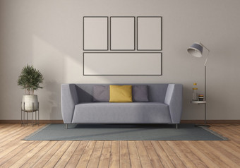 紫色的沙发<strong>极简</strong>主义生活房间与空白图片框架呈现紫色的沙发<strong>极简</strong>主义房间