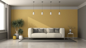 灰色的和黄色的生活房间与<strong>现代沙发</strong>咖啡表格和室内植物呈现灰色的和黄色的生活房间与<strong>现代沙发</strong>