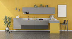 黄色的和灰色的极简主义厨房与半岛和凳子呈现黄色的和灰色的极简主义厨房与半岛
