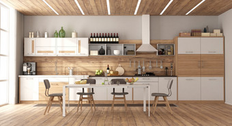 现代白色和木厨房与餐厅表格硬木地板上呈现现代白色和木厨房