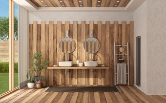 木现代浴室现代别墅与双wahbasin呈现木现代浴室与双wahbasin
