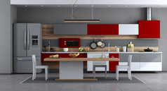 红色的白色和灰色的现代厨房与极简主义餐厅表格和椅子呈现红色的和灰色的现代厨房