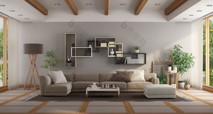 大极简主义生活房间与沙发和书柜背景呈现大极简主义生活房间