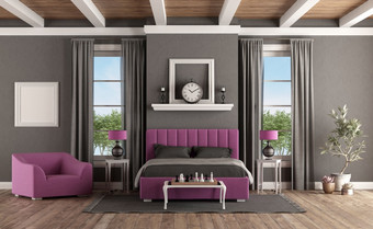 主<strong>卧室</strong>经典风格与现代紫色的<strong>卧室</strong>和扶手椅呈现主<strong>卧室</strong>经典风格与现代家具
