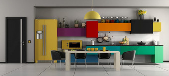 色彩斑斓的现代厨房与白色餐厅表格黑色的椅子和关闭通过呈现色彩斑斓的现代厨房与表格和椅子