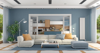 大生活房间与优雅的沙发和现代厨房背景呈现生活房间与沙发和现代厨房背景