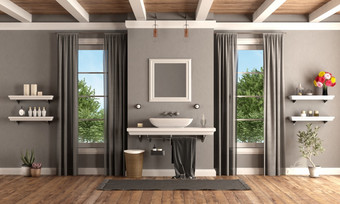 灰色的和白色经典浴室与脸盆架子上呈现经典浴室与脸盆架子上经典风格
