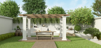 郁郁葱葱的花园与表格集下露台和烧烤背景呈现奢侈品花园与露台