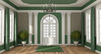 首页入口奢侈品别墅经典风格与关闭前面通过呈现绿色和棕色（的）首页入口奢侈品别墅