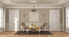 优雅的房间与经典扶手椅咖啡表格和两个关闭门呈现优雅的房间与经典扶手椅和咖啡表格