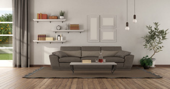 现代生活房间与棕色（的）沙发和货架上与书墙呈现现代生活房间与棕色（的）沙发和架子上墙
