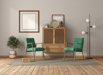 古董风格生活房间与木抽屉里餐具柜和绿色扶手椅呈现古董生活房间与抽屉里餐具柜和两个扶手椅