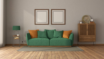 绿色沙发古董室内与<strong>餐具</strong>柜与抽屉和空白图片框架呈现古董生活房间与抽屉里<strong>餐具</strong>柜和绿色沙发