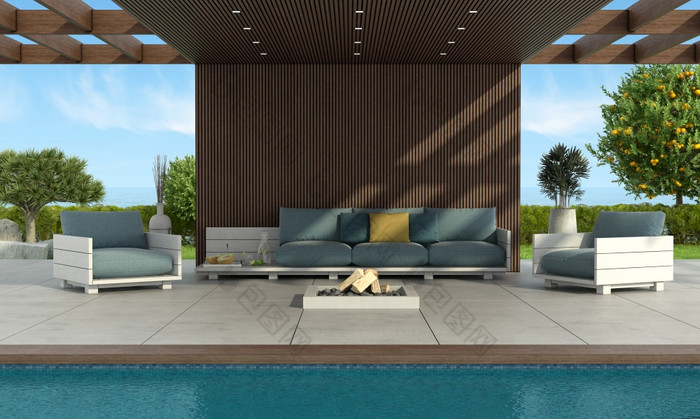 现代沙发和扶手椅的池下木屋顶与火盆和花园背景呈现现代沙发和扶手椅的池下木屋顶