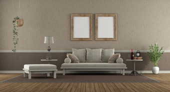 优雅的生活房间与沙发脚凳和咖啡表格呈现优雅的生活房间经典风格