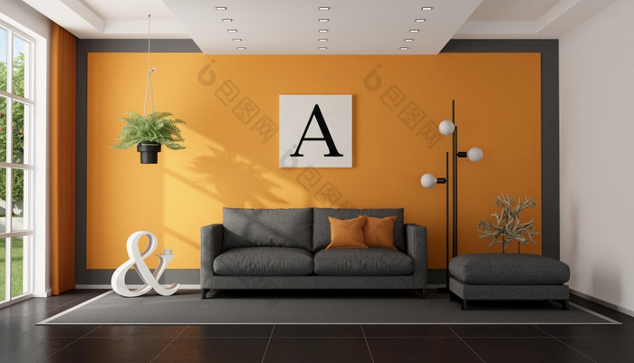 现代灰色的和橙色生活房间与织物沙发和脚凳呈现现代灰色的和橙色生活房间