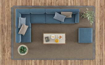 前视图现代生活房间与白色沙发和咖啡表格地毯呈现