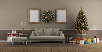 生活房间经典风格与沙发圣诞节树和礼物呈现生活房间经典风格与圣诞节装饰