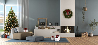 现代生活房间与圣诞节树和壁炉呈现现代生活房间与圣诞节点缀