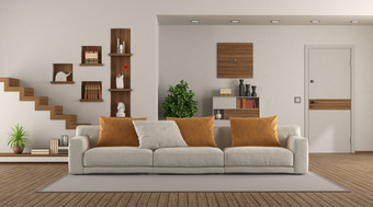 优雅的沙发现代生活房间与前面通过和楼梯背景呈现现代生活房间与优雅的沙发和前面通过背景