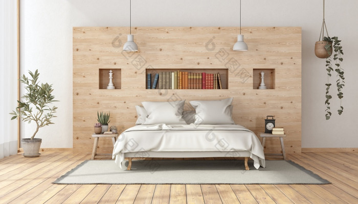 主卧室乡村风格与极简主义白色双床上对木墙呈现主卧室乡村风格