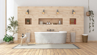 浴室乡村风格与浴缸对木墙与利基市场呈现浴室乡村风格与浴缸