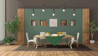 优雅的餐厅房间与表格和椅子对绿色墙与利基市场呈现优雅的餐厅房间与表格和椅子