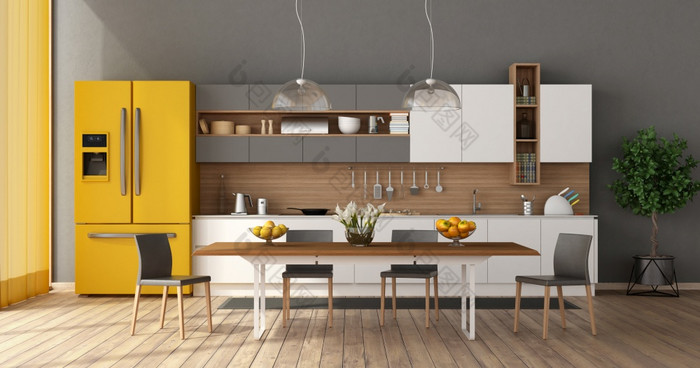现代白色和灰色的厨房与餐厅表格和黄色的冰箱呈现现代厨房与餐厅表格