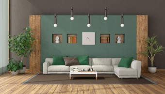 棕色（的）和绿色生活房间与<strong>白色沙发</strong>对墙与利基市场呈现优雅的生活房间与<strong>白色沙发</strong>对绿色墙