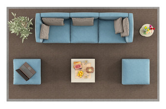 前视图蓝色的沙发<strong>脚凳</strong>和咖啡表格地毯孤立的白色背景呈现前视图现代蓝色的沙发地毯