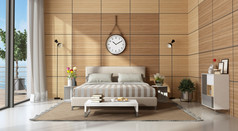 马斯特雷卧室与双床上对木镶板呈现现代主卧室与木面板